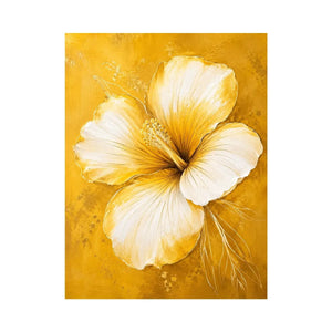 Minimalist white hibiscus flower wall art on golden yellow textured background with elegant botanical modern design