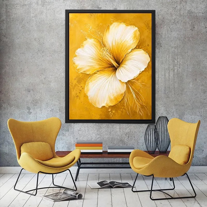 Minimalist white hibiscus flower wall art on golden yellow textured background with elegant botanical modern design