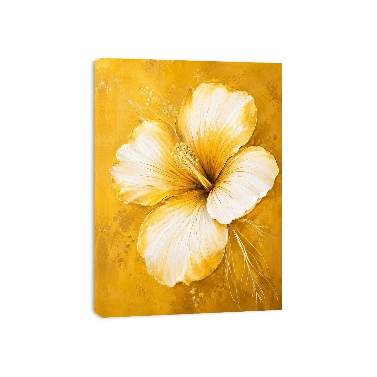 Minimalist white hibiscus flower wall art on golden yellow textured background with elegant botanical modern design