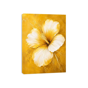Minimalist white hibiscus flower wall art on golden yellow textured background with elegant botanical modern design