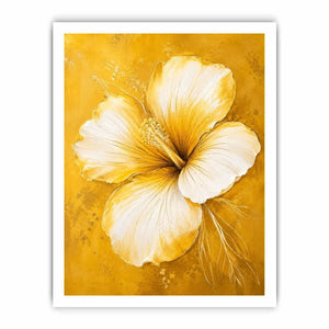 Minimalist white hibiscus flower wall art on golden yellow textured background with elegant botanical modern design