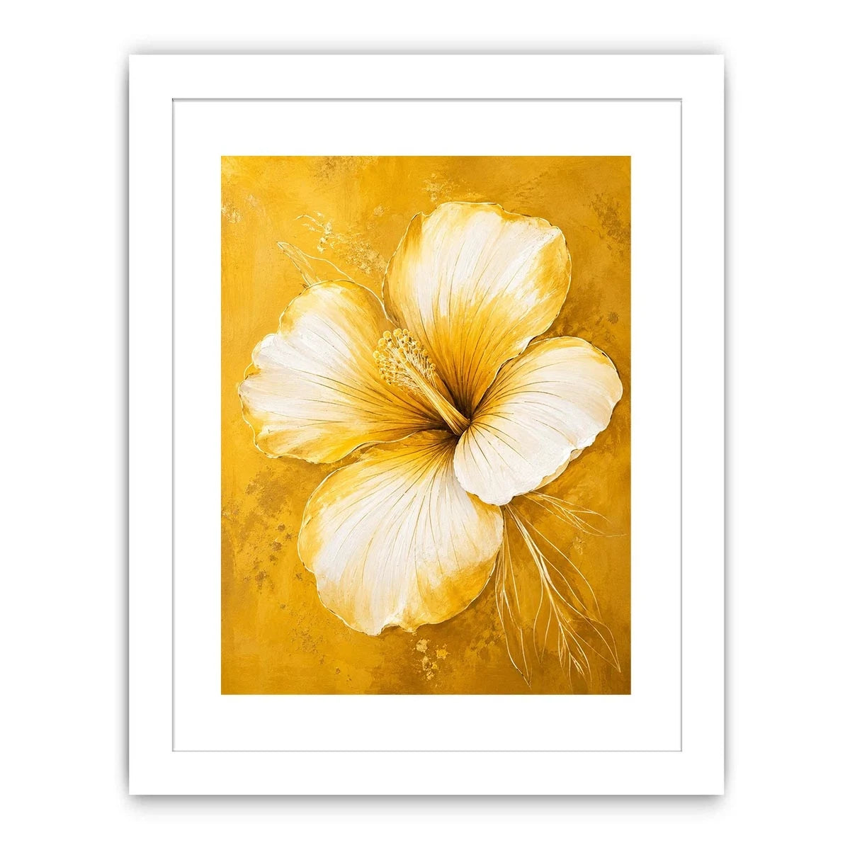 Minimalist white hibiscus flower wall art on golden yellow textured background with elegant botanical modern design