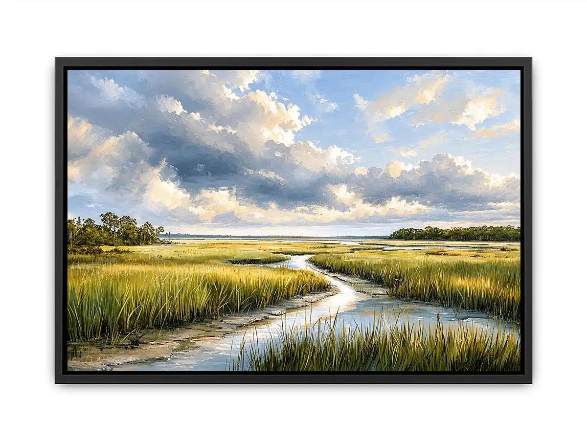 Serene coastal marsh landscape wall art with dramatic cloudy sky and winding waterway in soft neutral green tones