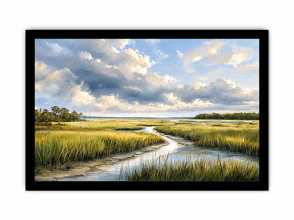 Serene coastal marsh landscape wall art with dramatic cloudy sky and winding waterway in soft neutral green tones