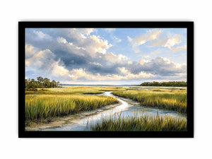 Serene coastal marsh landscape wall art with dramatic cloudy sky and winding waterway in soft neutral green tones