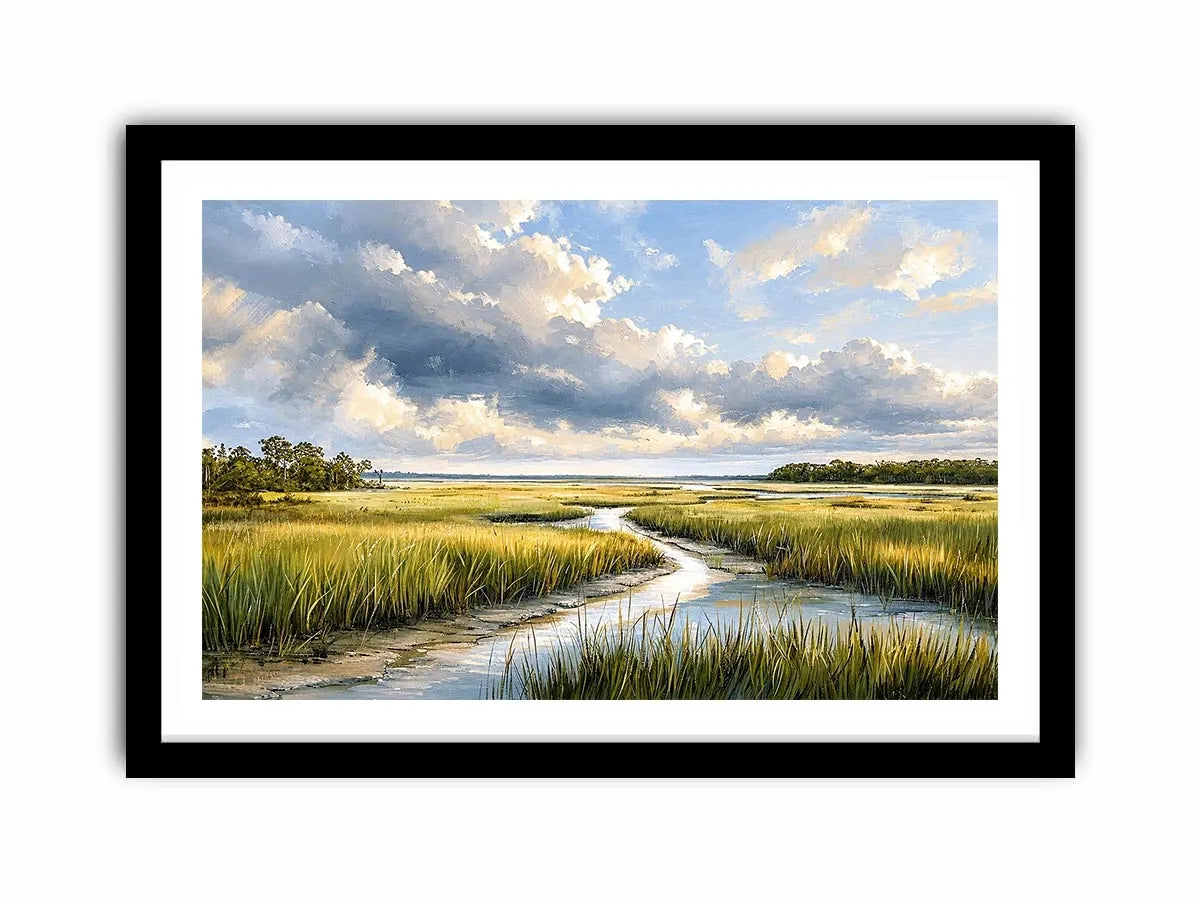 Serene coastal marsh landscape wall art with dramatic cloudy sky and winding waterway in soft neutral green tones