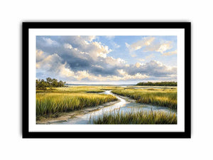 Serene coastal marsh landscape wall art with dramatic cloudy sky and winding waterway in soft neutral green tones