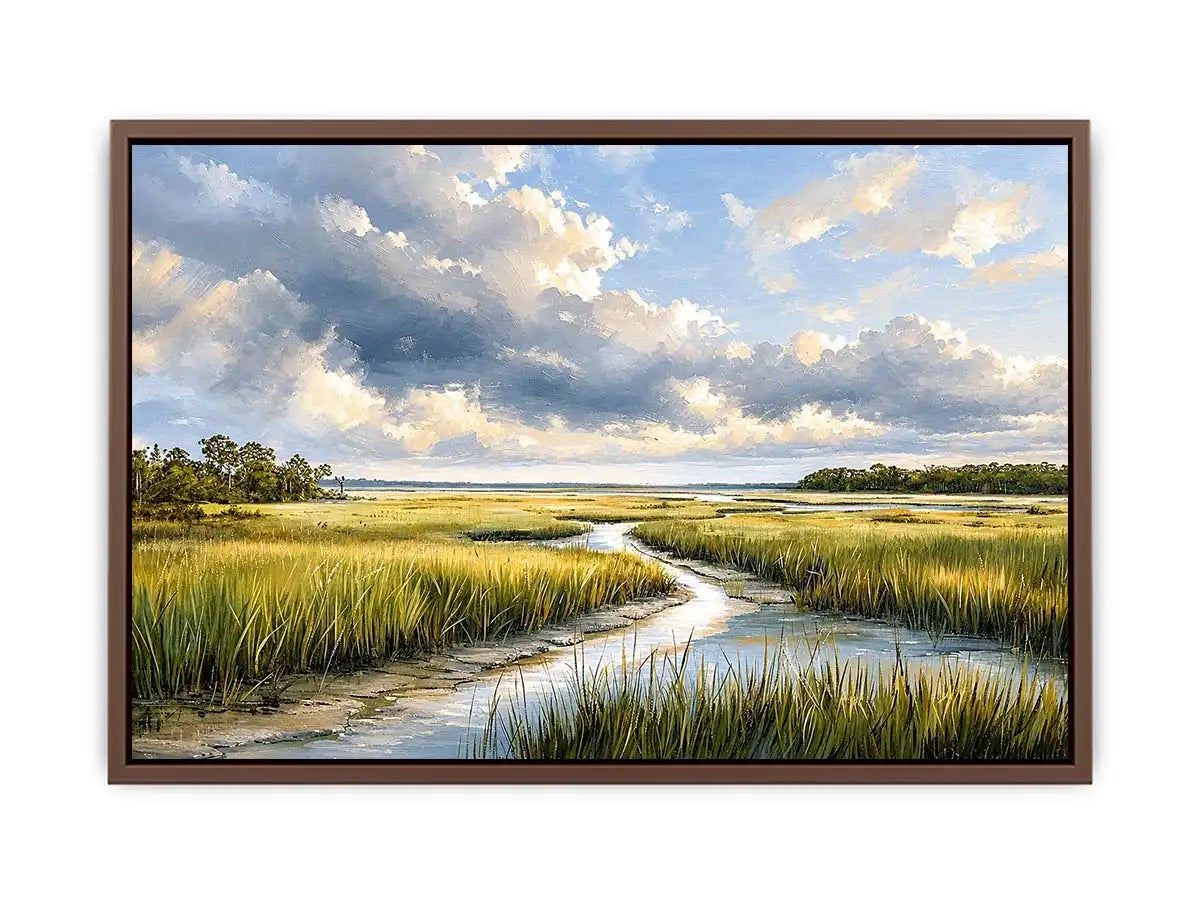 Serene coastal marsh landscape wall art with dramatic cloudy sky and winding waterway in soft neutral green tones
