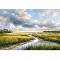 Serene coastal marsh landscape wall art with dramatic cloudy sky and winding waterway in soft neutral green tones