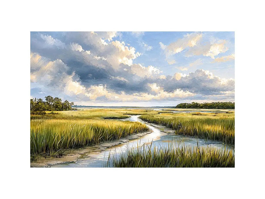 Serene coastal marsh landscape wall art with dramatic cloudy sky and winding waterway in soft neutral green tones