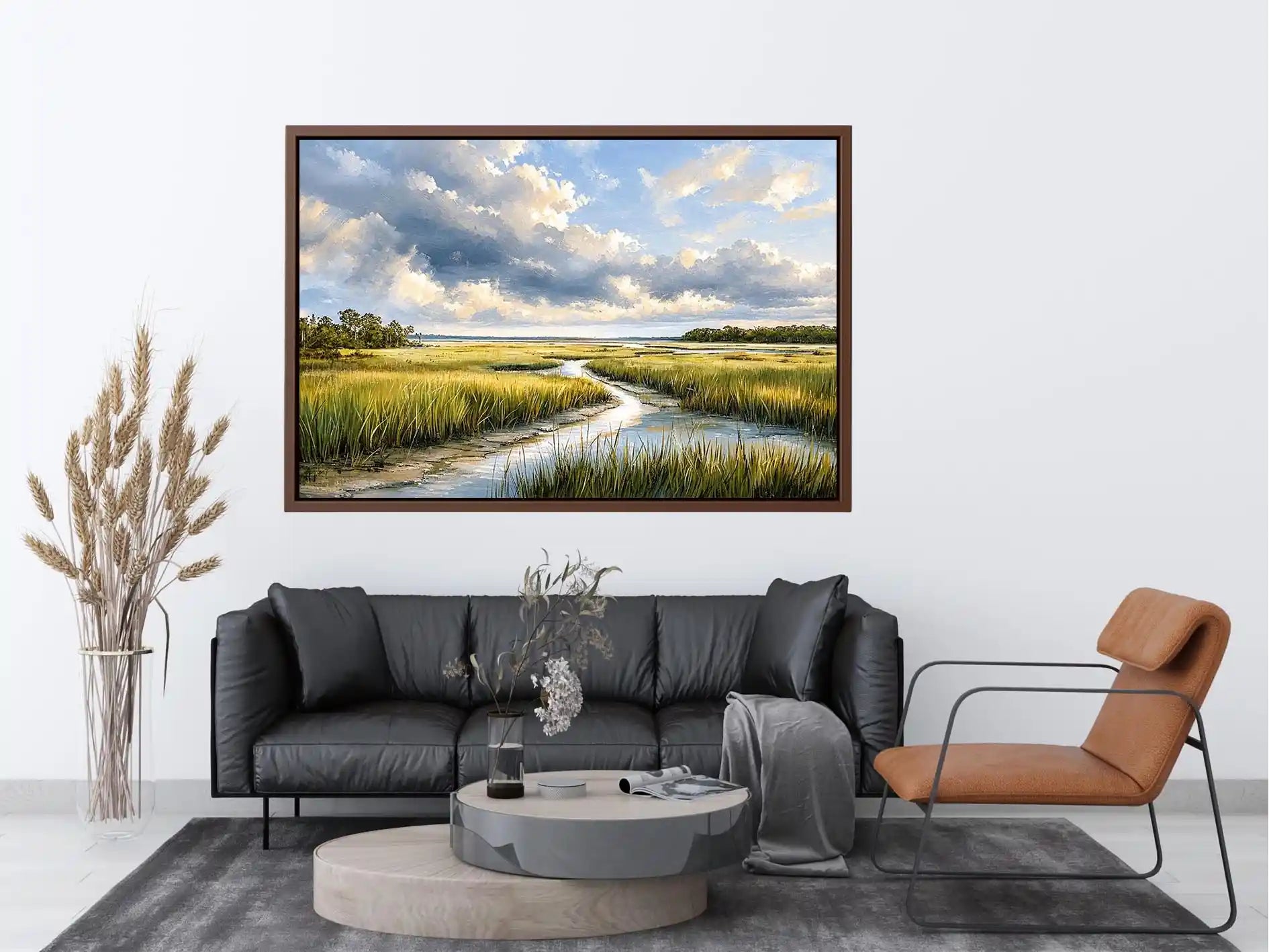 Serene coastal marsh landscape wall art with dramatic cloudy sky and winding waterway in soft neutral green tones