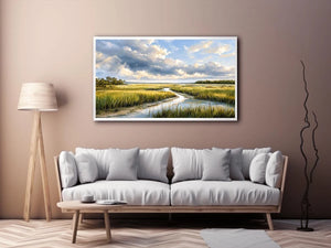 Serene coastal marsh landscape wall art with dramatic cloudy sky and winding waterway in soft neutral green tones