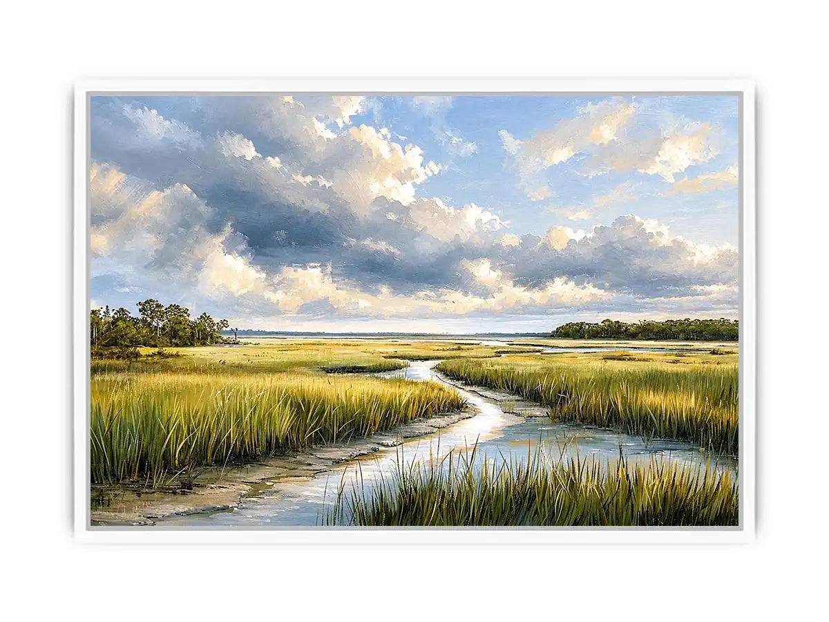 Serene coastal marsh landscape wall art with dramatic cloudy sky and winding waterway in soft neutral green tones