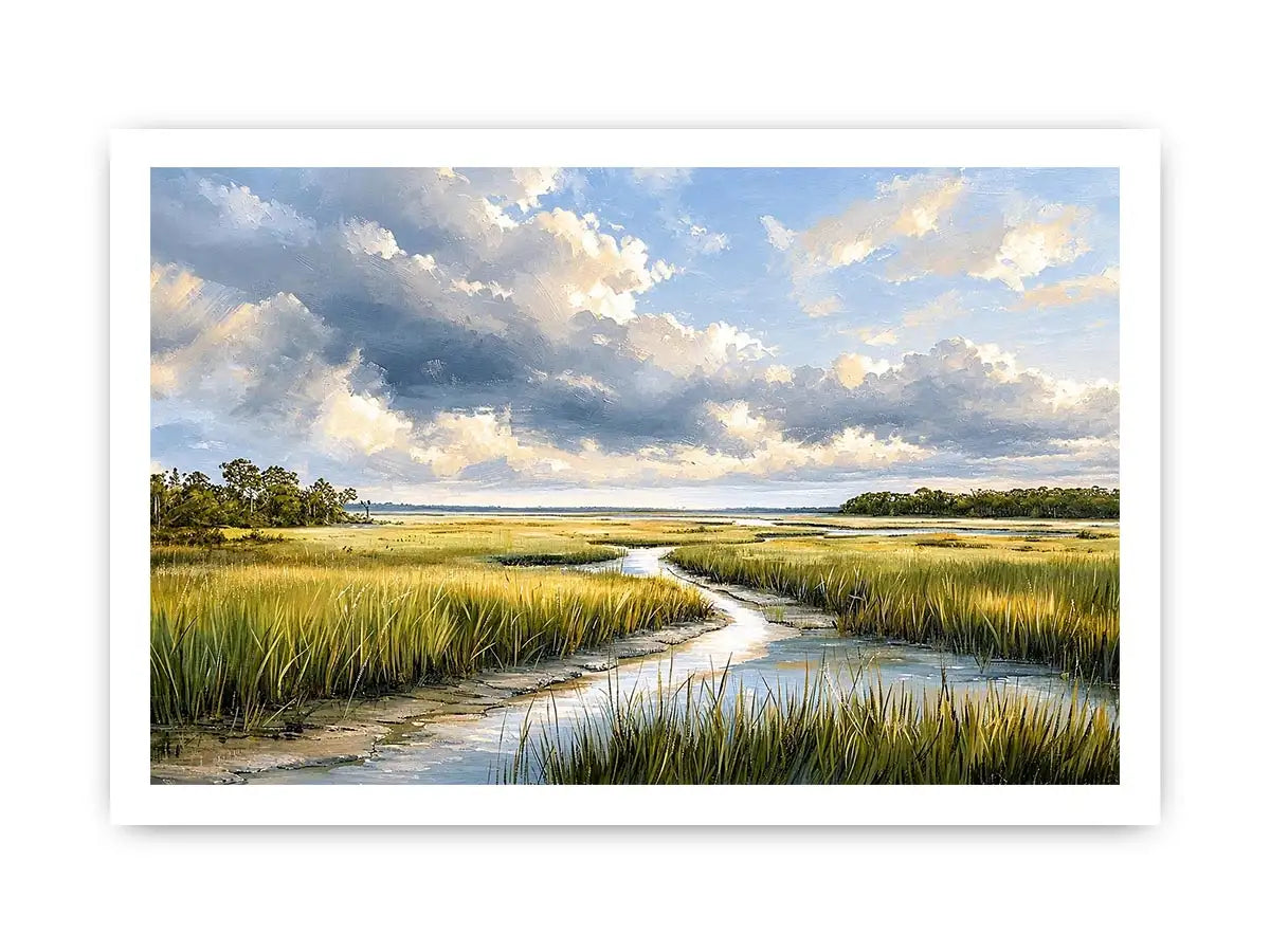 Serene coastal marsh landscape wall art with dramatic cloudy sky and winding waterway in soft neutral green tones