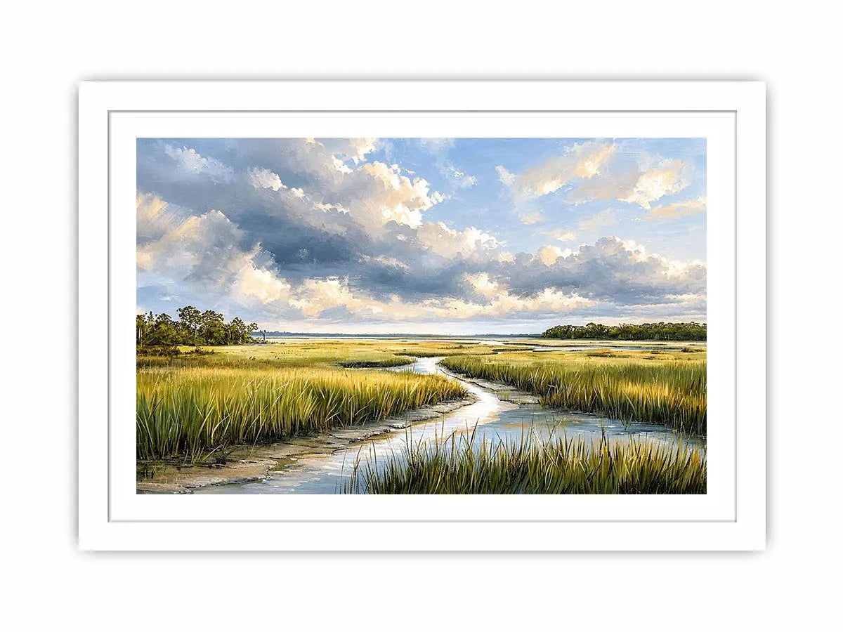 Serene coastal marsh landscape wall art with dramatic cloudy sky and winding waterway in soft neutral green tones
