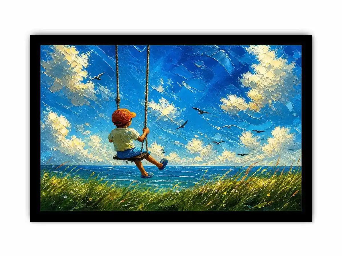 Dreamy painting of a boy sitting on a swing overlooking the ocean with birds and a bright sky