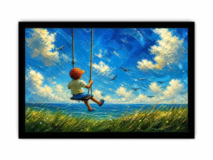 Dreamy painting of a boy sitting on a swing overlooking the ocean with birds and a bright sky