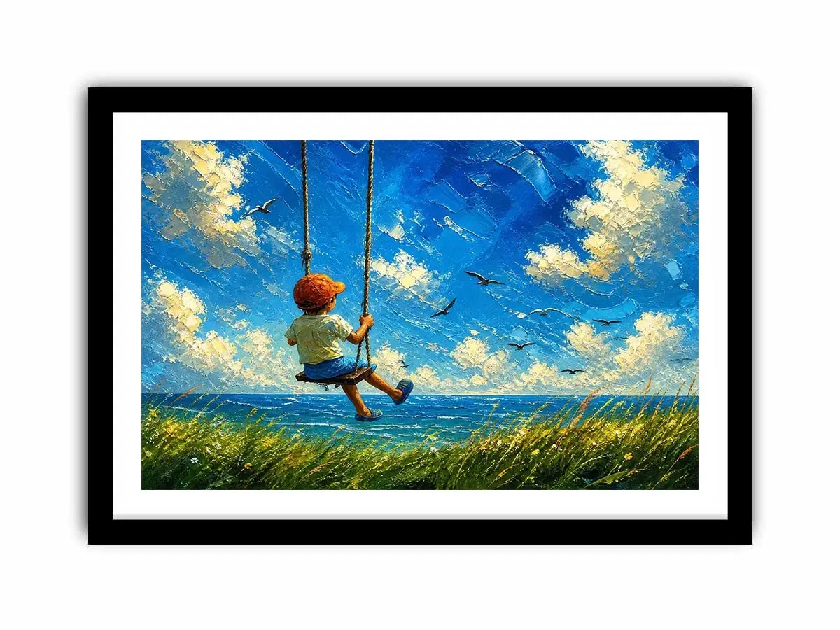 Dreamy painting of a boy sitting on a swing overlooking the ocean with birds and a bright sky