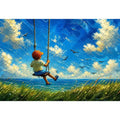 Dreamy painting of a boy sitting on a swing overlooking the ocean with birds and a bright sky