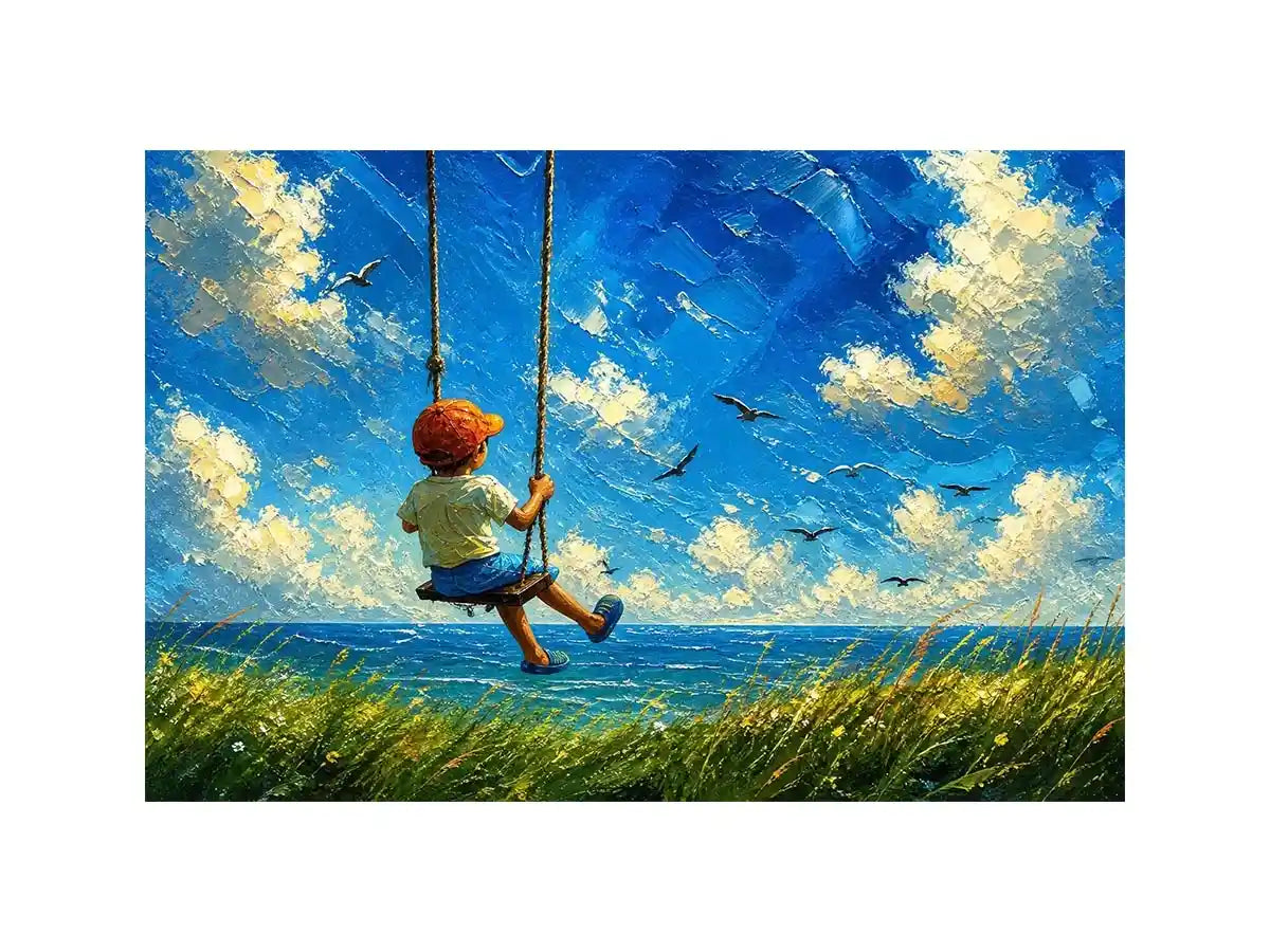 Dreamy painting of a boy sitting on a swing overlooking the ocean with birds and a bright sky