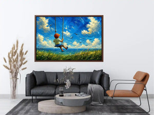 Dreamy painting of a boy sitting on a swing overlooking the ocean with birds and a bright sky