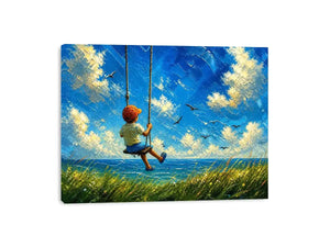 Dreamy painting of a boy sitting on a swing overlooking the ocean with birds and a bright sky