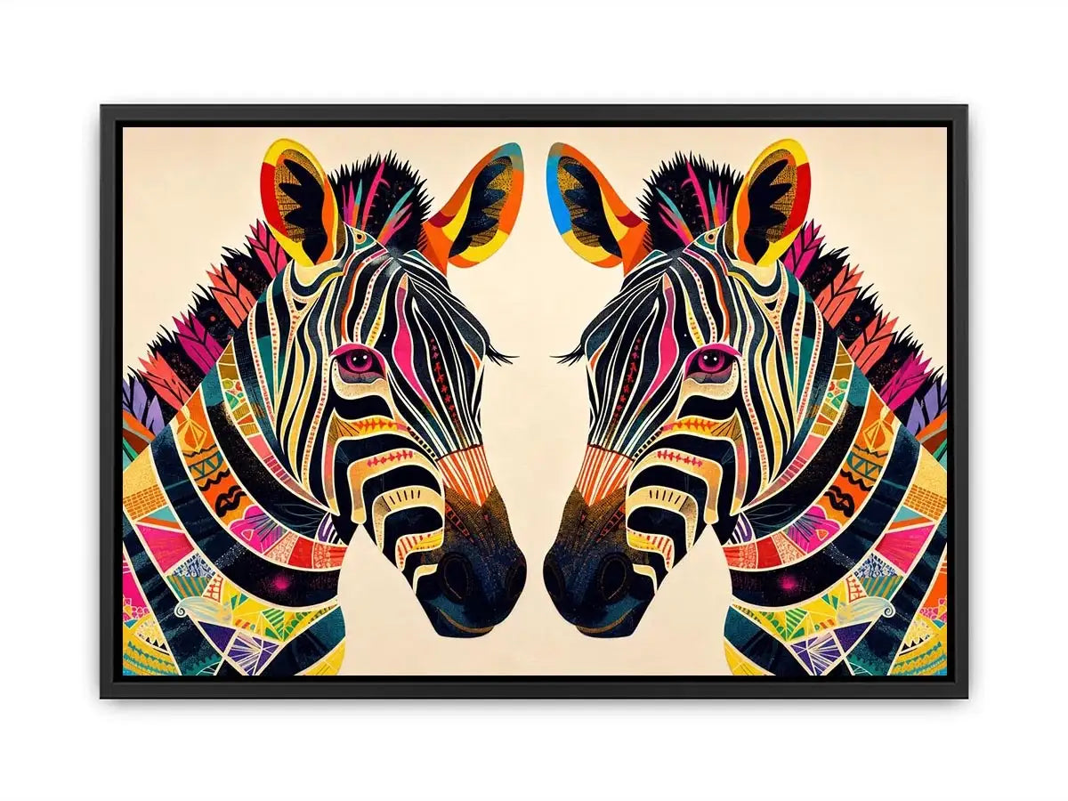 Colorful zebra pop art canvas featuring vibrant tribal patterns and bold modern abstract animal wall decor for luxury interiors
