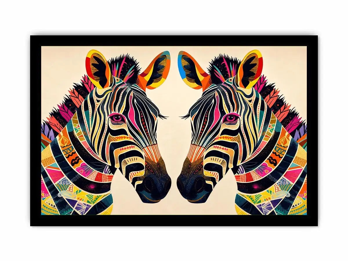 Colorful zebra pop art canvas featuring vibrant tribal patterns and bold modern abstract animal wall decor for luxury interiors