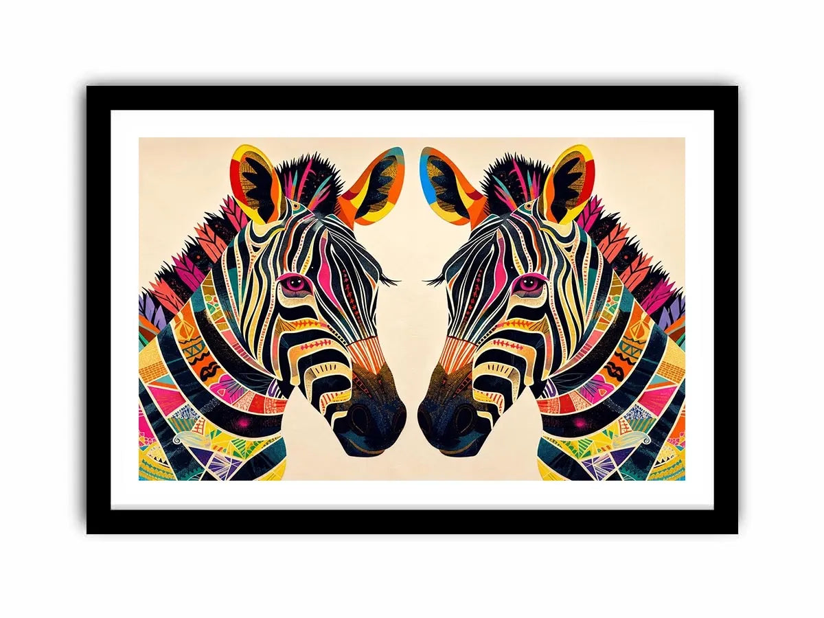 Colorful zebra pop art canvas featuring vibrant tribal patterns and bold modern abstract animal wall decor for luxury interiors