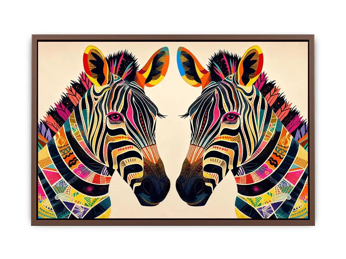 Colorful zebra pop art canvas featuring vibrant tribal patterns and bold modern abstract animal wall decor for luxury interiors