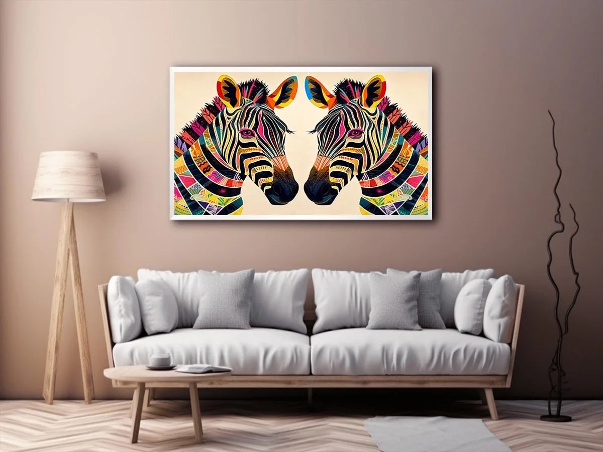 Colorful zebra pop art canvas featuring vibrant tribal patterns and bold modern abstract animal wall decor for luxury interiors