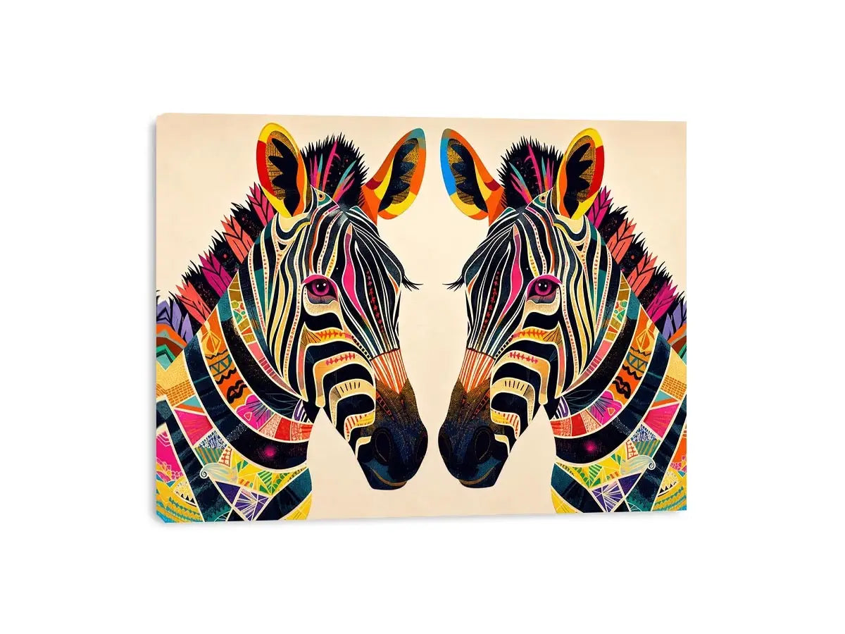 Colorful zebra pop art canvas featuring vibrant tribal patterns and bold modern abstract animal wall decor for luxury interiors