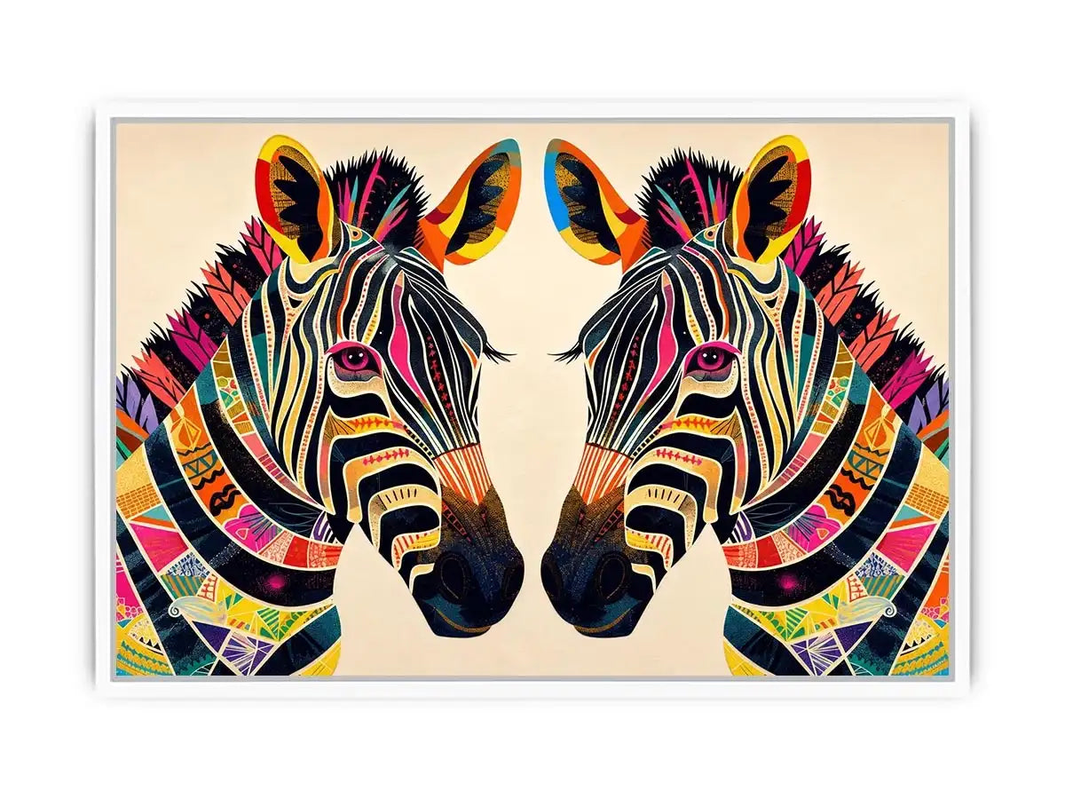 Colorful zebra pop art canvas featuring vibrant tribal patterns and bold modern abstract animal wall decor for luxury interiors