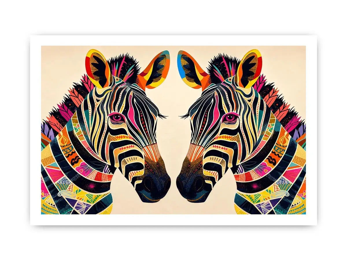 Colorful zebra pop art canvas featuring vibrant tribal patterns and bold modern abstract animal wall decor for luxury interiors
