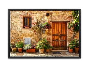 Rustic Mediterranean cottage wall art with wooden doors colorful flowers and vintage stone textures for farmhouse decor