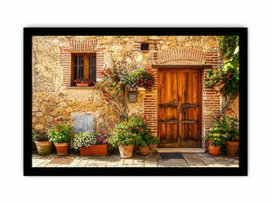 Rustic Mediterranean cottage wall art with wooden doors colorful flowers and vintage stone textures for farmhouse decor