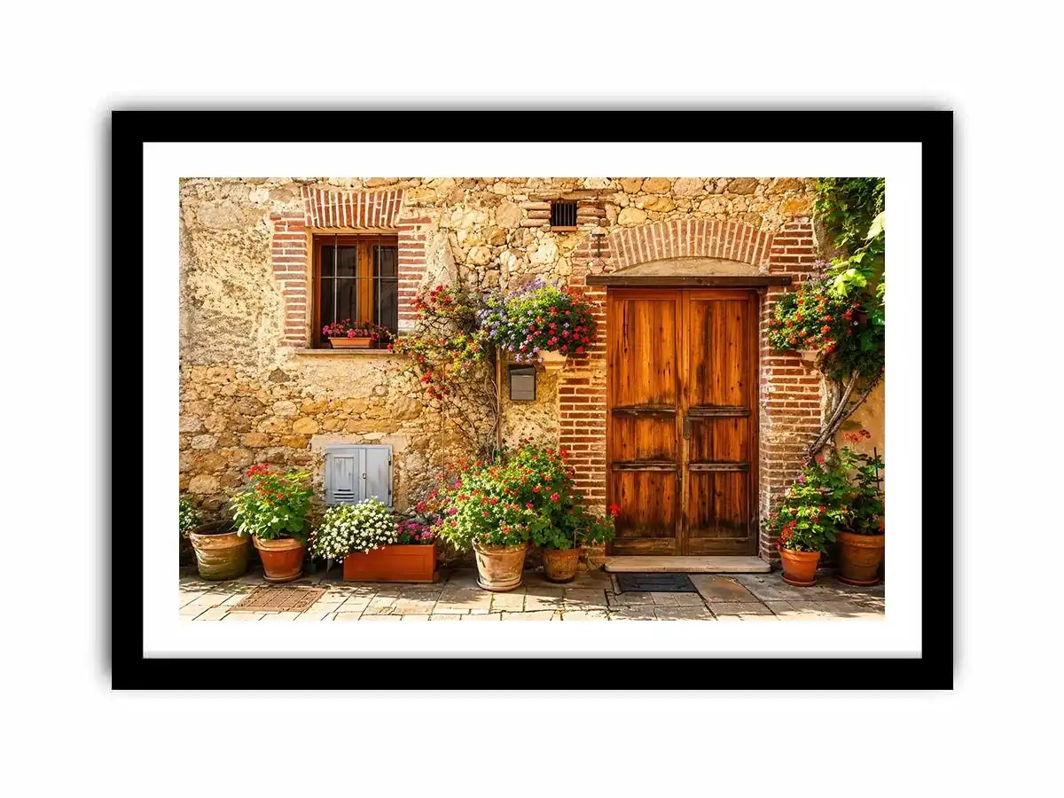 Rustic Mediterranean cottage wall art with wooden doors colorful flowers and vintage stone textures for farmhouse decor