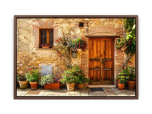 Rustic Mediterranean cottage wall art with wooden doors colorful flowers and vintage stone textures for farmhouse decor