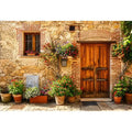 Rustic Mediterranean cottage wall art with wooden doors colorful flowers and vintage stone textures for farmhouse decor