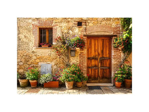 Rustic Mediterranean cottage wall art with wooden doors colorful flowers and vintage stone textures for farmhouse decor