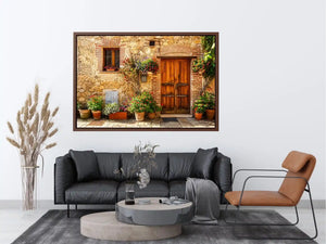 Rustic Mediterranean cottage wall art with wooden doors colorful flowers and vintage stone textures for farmhouse decor