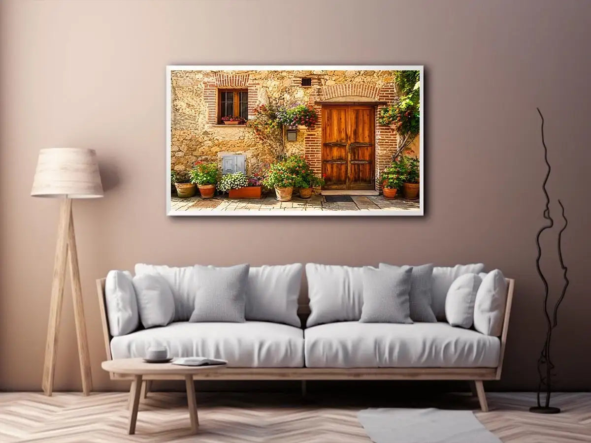 Rustic Mediterranean cottage wall art with wooden doors colorful flowers and vintage stone textures for farmhouse decor