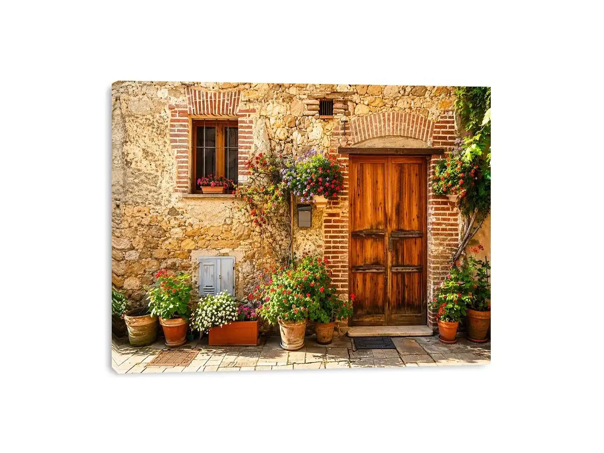 Rustic Mediterranean cottage wall art with wooden doors colorful flowers and vintage stone textures for farmhouse decor