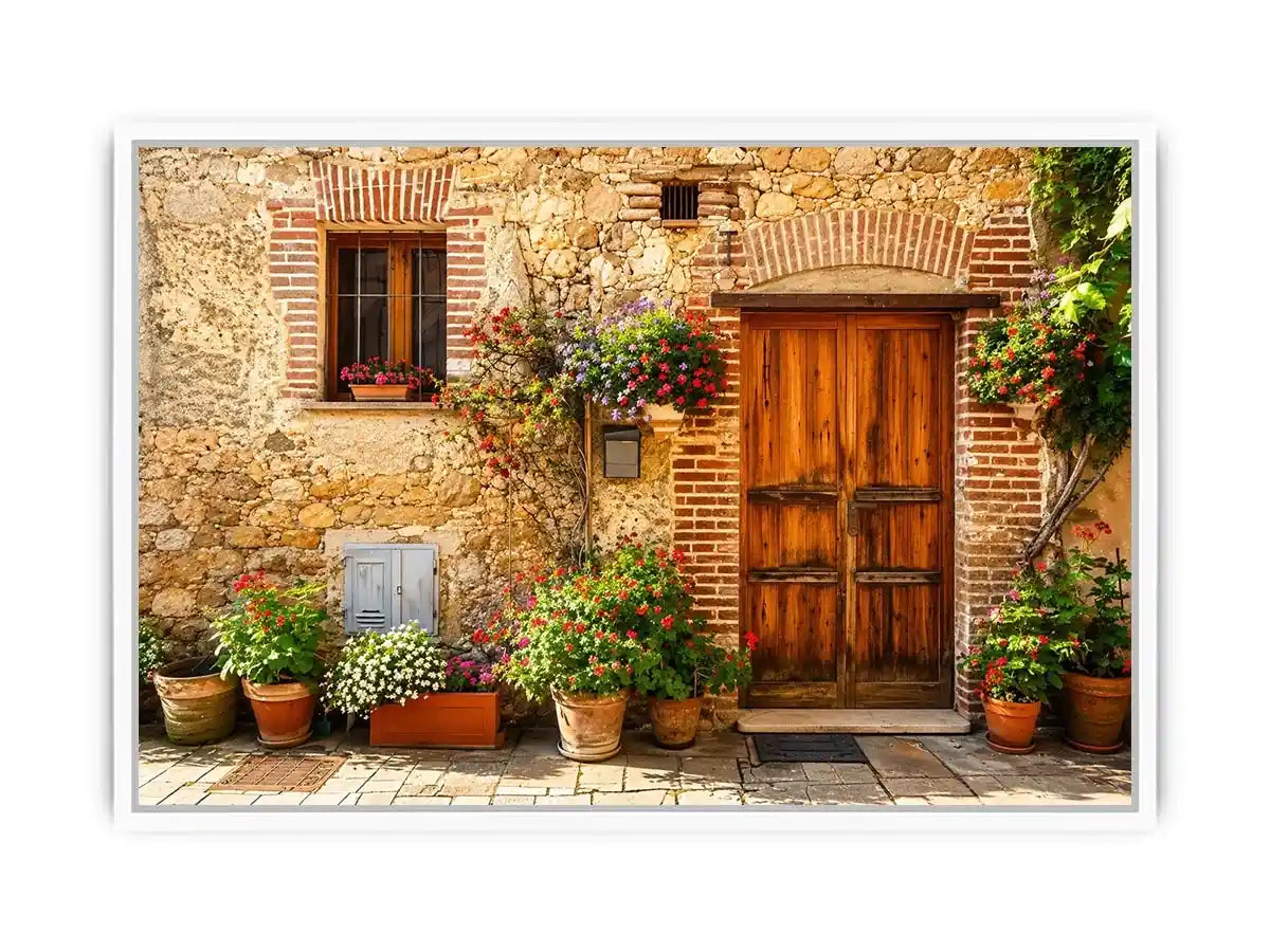 Rustic Mediterranean cottage wall art with wooden doors colorful flowers and vintage stone textures for farmhouse decor