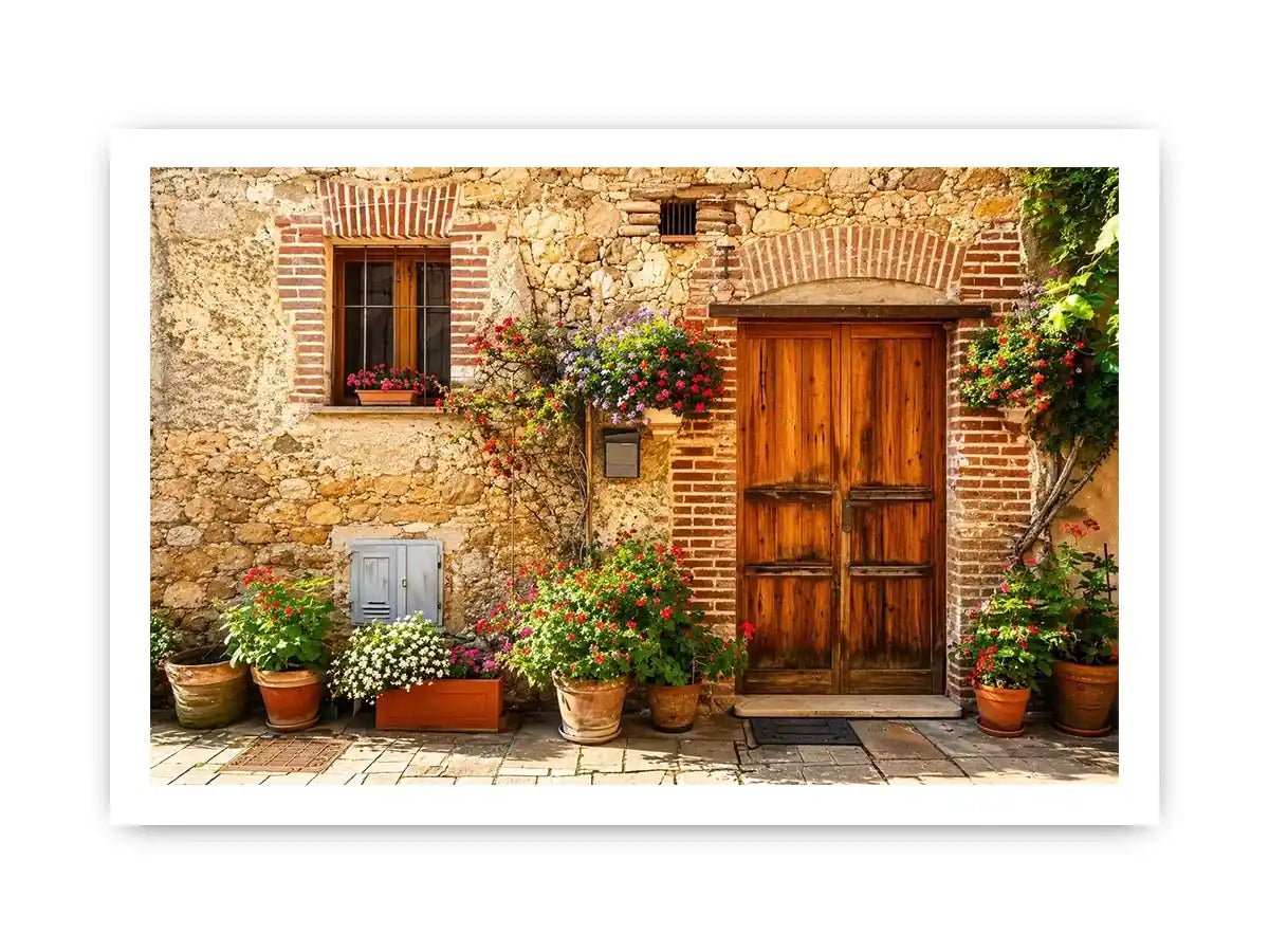 Rustic Mediterranean cottage wall art with wooden doors colorful flowers and vintage stone textures for farmhouse decor