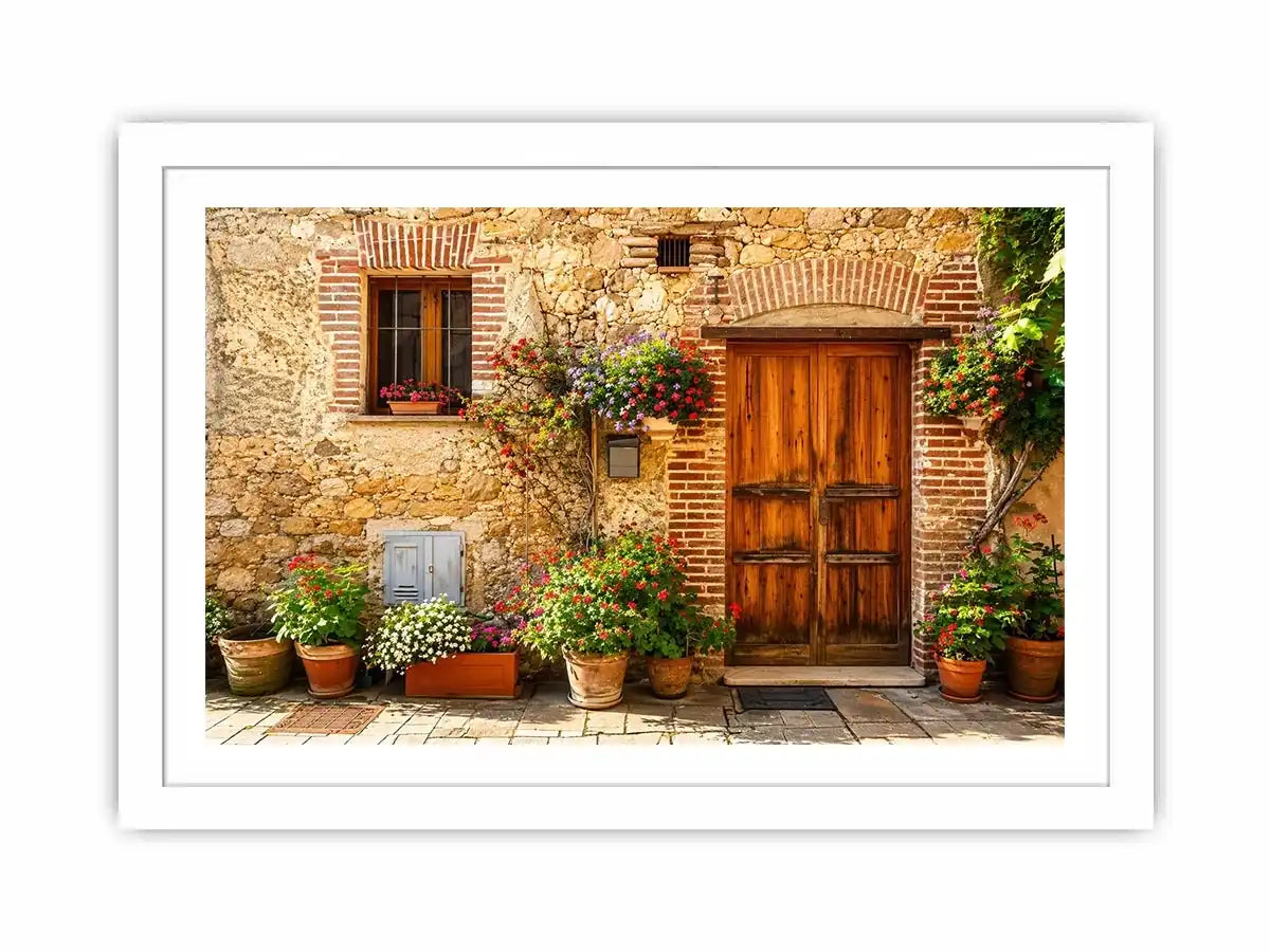 Rustic Mediterranean cottage wall art with wooden doors colorful flowers and vintage stone textures for farmhouse decor