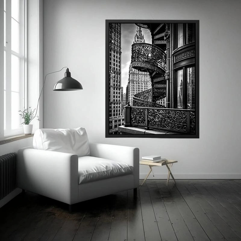 Black and white architectural cityscape canvas art for modern office and luxury living room decor.