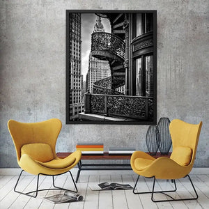 Black and white architectural cityscape canvas art for modern office and luxury living room decor.