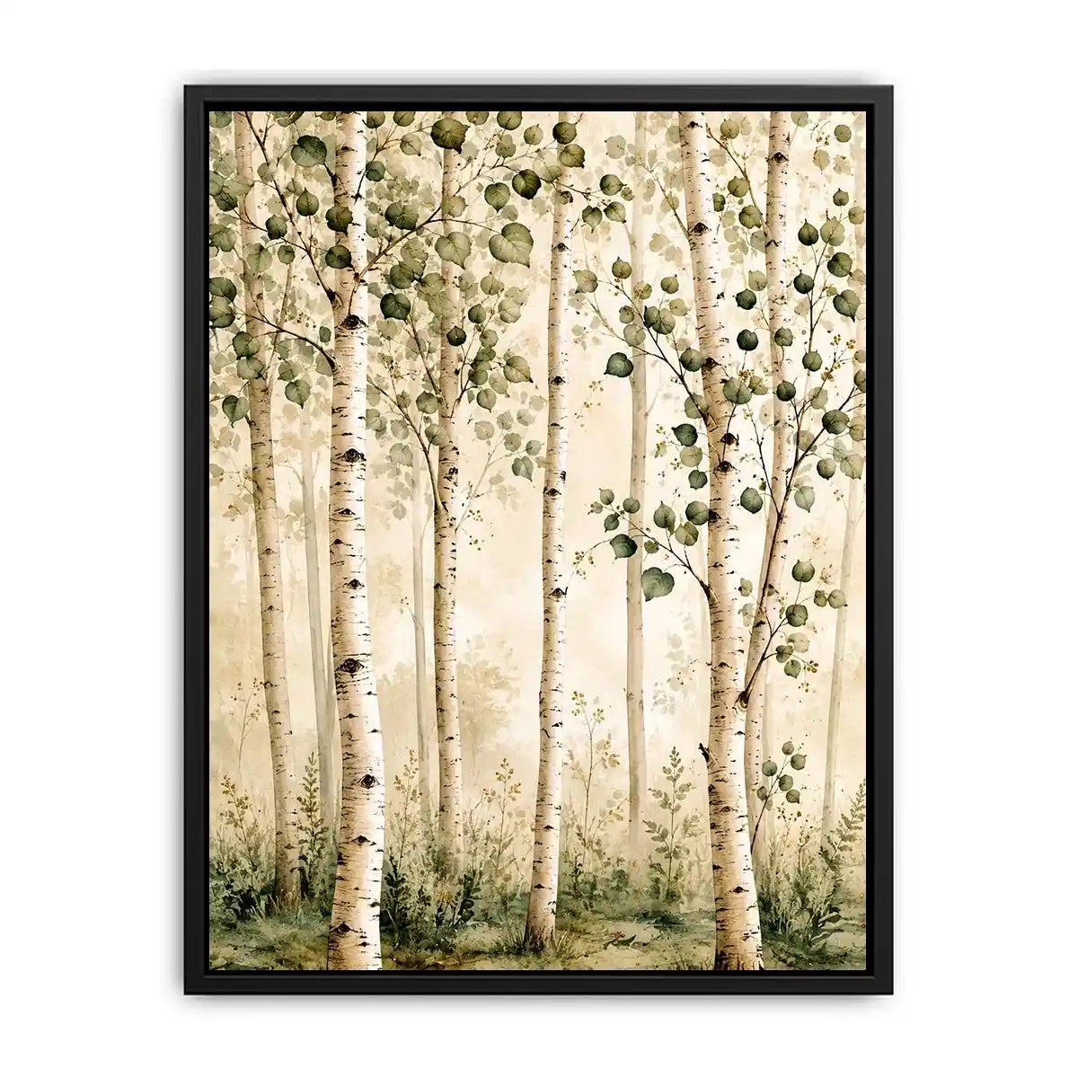 Soft watercolor birch forest wall art with sage green leaves and minimalist Scandinavian nature aesthetic for modern interiors