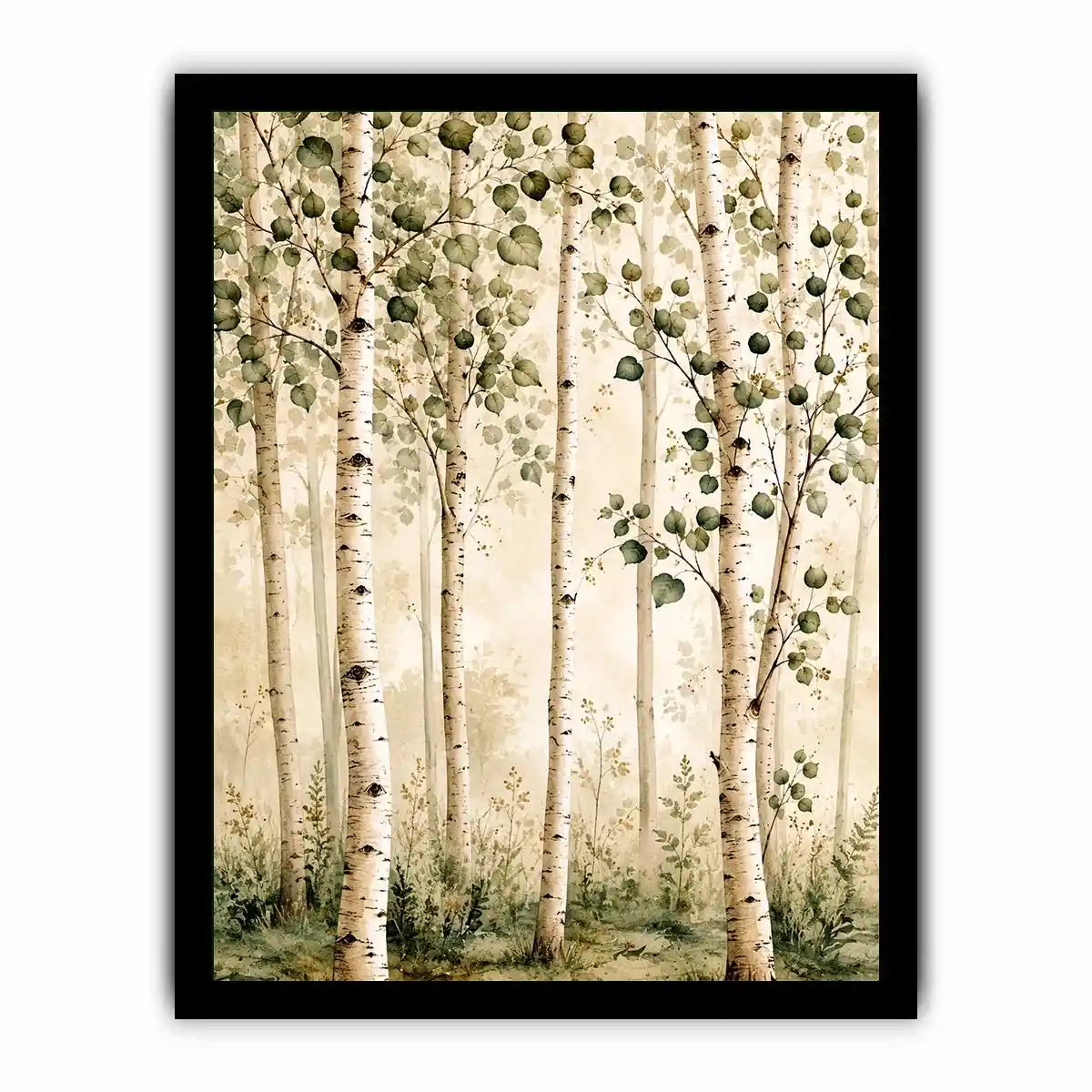 Soft watercolor birch forest wall art with sage green leaves and minimalist Scandinavian nature aesthetic for modern interiors